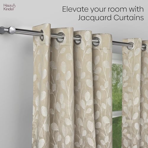 Image of haus & kinder Jacquard Window Curtains 5 Feet Long Pack of 2 Window Curtains, 5 Feet Curtains for Window (Lunar Leaf, Stone Floral Nature Design 130x152 CM)