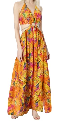 Image of Qikaka Women's Sleeveless Deep V Neck Floral Printed Metal Chain Bodycon Sexy Nightclub Party Boho Dress