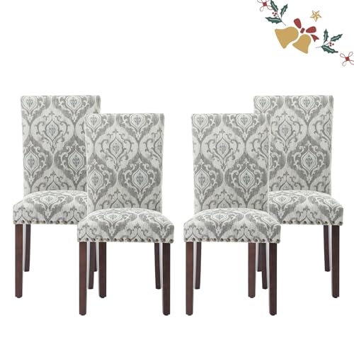 Image of Parsons Dining Chairs Set of 4, Upholstered Nailhead Dining Room Kitchen Side Chair with Thick Cushions and Wood Legs, White /Grey