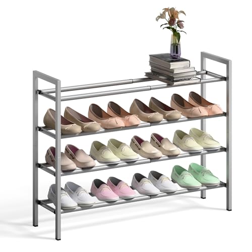 Image of Bumusty 4-Tier Expandable Shoe Rack for Closet, 18 inch-33 inch Adjustable Shoe Rack for Small Space, Small Shoe Organizer for Front Door, Sturdy Metal, Light Grey