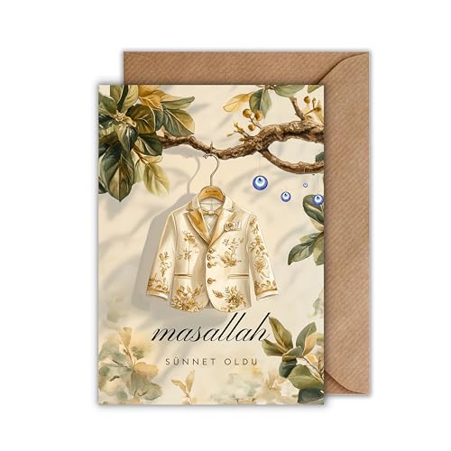 WBdesignz Beschneidung Karte mit Umschlag - Beschneidungsglückwunsch Mashallah sünnet oldu Goldener Sünnet-Anzug blaues Auge Nazar-Amulette Feigenbaum Beschneidungsfeier Kinderbeschneidung (DIN A6)