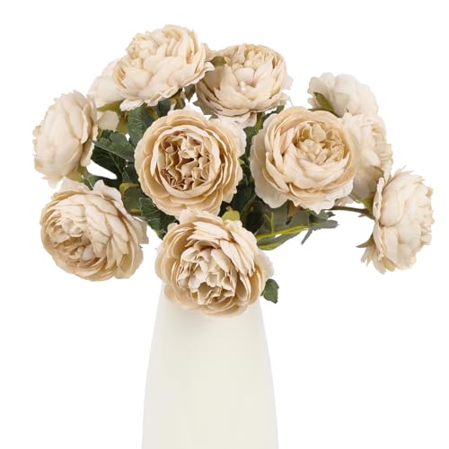IPOPU 10pcs Beige Peonies Artificial Flowers Silk Peonies with Stems Real Look Fake Peony for Home Table Decorations Wedding Faux Flowers Arrangements