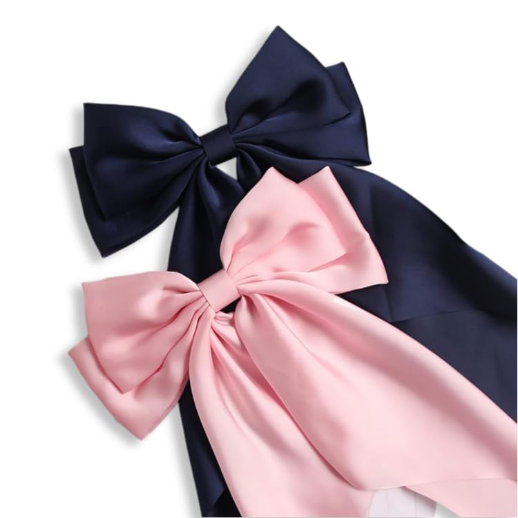 Image of FilterFashion Big Satin Layered Hair Bows for Women Girls 11.5 Inch Barrette Hair Clip Long Back Ribbon Bows French Style Hair Accessories (NavyBlue,BabyPink)