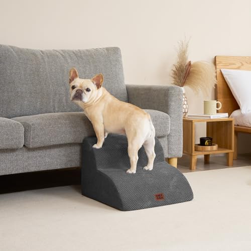EHEYCIGA Hundetreppe für Kleine Hunde 30 cm Hoch, Haustiertreppe für Sofa Bett, Treppe für Hunde aus Hochdichtem Schwamm, Hunderampe mit Waschbarem Bezug und Rutschfestem Boden, 2 Stufen, Grau