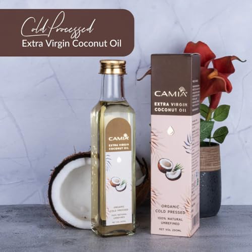 Image of CAMIA - 100% Organic Cold Pressed Coconut Oil for Skin & Hair | 100% Pure & Natural Hair Oil | Skin Hydration & Nourishment | Premium Skin Care | Ideal for Skin & Hair Care | 1000 ML Glass Bottle