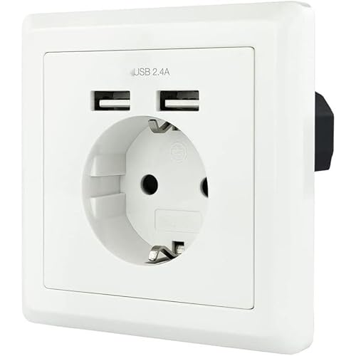 Base de enchufe schuko con 2 tomas USB (max. 2.4A) en color blanco para cargar dispositivos eléctricos y electrónicos en casa o oficina.