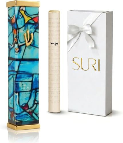Image of SURI Mezuzah with Scroll for Door | 6 Inch Modern Aluminum Mezuzah Case | Fits 5 Inch Scroll | Gold & Silver Chagall-Inspired Design | Self Adhesive Easy Install | Judaica Jewish Gift