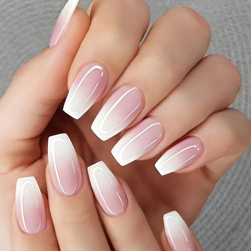 Ceboic Press on Nails Mittel Sarg, French Tips Kunstnägel Nägel Zum Aufkleben Rosa Ballerina Gel Gradient Künstliche Fake Nägel, 24 Stück Acryl Full Cover Fingernägel zum Aufkleben für Frauen Mädchen