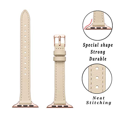 Image of STIROLL Slim Leather Bands Compatible with Apple Watch Band 38mm 40mm 41mm 42mm(Series 11 10), Top Grain Leather Watch Thin Wristband for iWatch SE 9 8 7 6 5 4 3 2 1 (Beige Rose Gold)