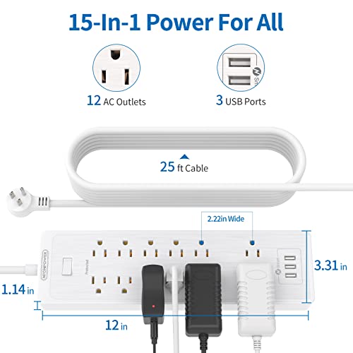 Extension Cord 25 Ft Power Strip, Ntonpower 2100 Joules Surge Protector With 12 Outlet 3 Usb Port, 1875W/15A, Overload Protection, Flat Plug, Long Cord For Workbench, Home Office Accessories, White #TOP3