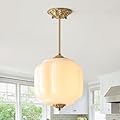 Milk Glass Pendant Light Fixture, Vintage Antique Brass Semi Flush Mount Pendant Light, White Glass Chandelier Close to Ceiling Light for Kitchen, Hallway, Schoolhouse, Foyer and Bedroom (10.24 inch)