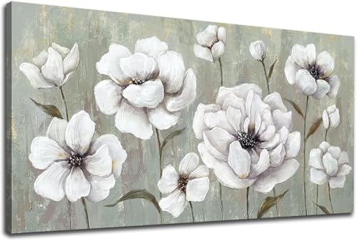 LUEAXRG Flowers Wall Art - White Floral Canvas Pictures, White Blossom Canvas Painting Living Room Wall Decor Retro Grey Board Artwork Prints for Bathroom Bedroom Home Decor Framed 29