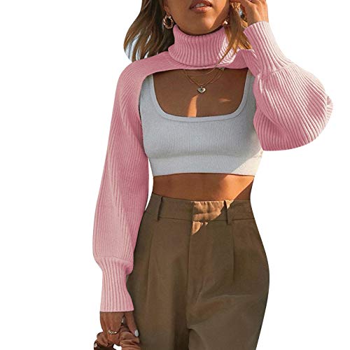 Image of FeMereina Women Y2K Cropped Knitted Sweater Solid Color Crewneck Cable Knit Chunky Long Sleeve Crop Pullovers TopKnit Hollow Out Jumper Tops (Pink#2, One Size)