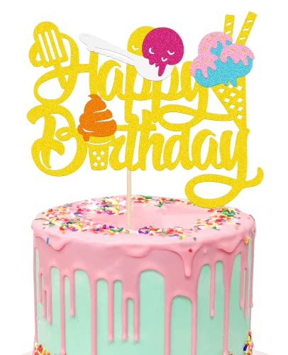 Ice-Cream Happy Birthday Cake Topper, Ice Cream And Popsicle Cake Decor, Summer Birthday Party Supplies, Summer Ice Cream Themed Party Decorations Kids Birthday Party Supplies #TOP2