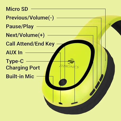 Image of ZEBRONICS Thunder Bluetooth Wireless On Ear Headphone FM, mSD, 60hrs Playback with Mic (Neon Yellow)