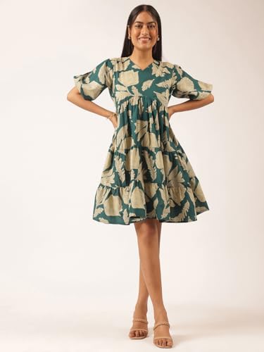 Image of Vbuyz Women's Floral Print Flared Cotton Beige Stitched Dress