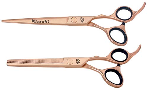 Kissaki Hair Scissors Rose Gold Titanium Futasuji 7.0 inches Hair Cutting Shears and Ishizuki 60 Tooth Blending Thinning Shears Matching Set Combo