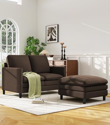 Image of Welzona 3-Layers Cloud L Shaped Couch, 51 inch Teddy Sofa and Loveseat Set | Comfy Teddy Fabric, Washable Covers, Tool-Free Setup, All-wood Cloud Couches for Living Room, Bedroom, Small Spaces, Brown