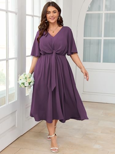 Image of SCOMCHIC Women Plus Size Midi Dresses Wedding Guest Short Sleeve V Neck Tie Waist Casual Summer Flowy A Line Dress
