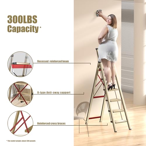 SOLADDER 6 Step Ladder, Folding Step Stool with Handgrip and Anti-Slip Wide Pedal, Portable Lightweight Aluminum Stepladder for Kitchen, Home, Library, Office (300 lbs Capacity) - Gold by Soladder - Image 7