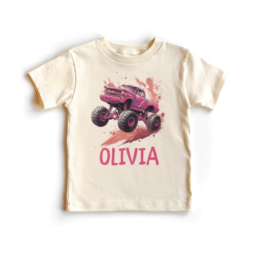 Custom Girls Pink Monster Truck Shirt - Personalized Kids Name Birthday T-Shirt - Natural Toddler Youth Tee