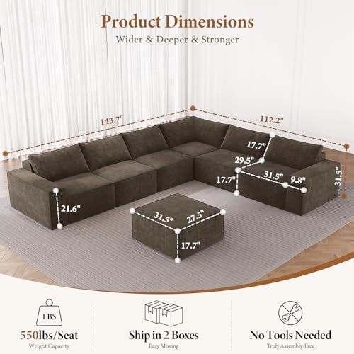 Image of Vesgantti 143.7 inch Boneless Couch for Living Room, 6 Seater Modular Sectional Sofa with Ottoman & Deep Seat, Convertible Chenille Oversized Cloud Couches, No Assembly Required, Dark Brown