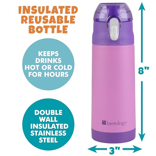 Image of Bentology Stainless Steel 13 Oz Reusable Water Bottle for Kids, Pink | Double Wall Insulated, Spill Proof Lid W /Built-in Straw- Keep Liquids Hot or Cold- Easily Fits in Lunch Boxes & Bags