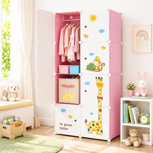 Image of 8 Door Kids Cartoon Wardrobe Storage Cabinet - DIY Modular Clothes Organizer with Hanging Cartoon Design Wardrobe with Multi for Bedroom, Living Room,Entryway
