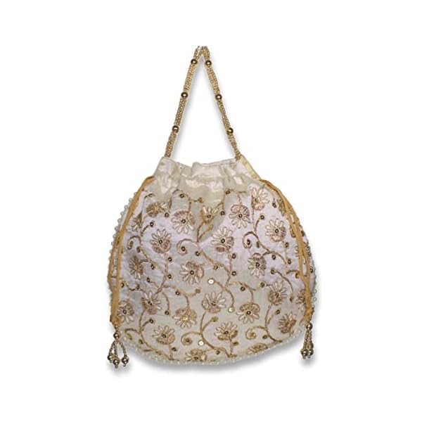 Embroidered Indian Ethnic Potli Bag for Women. Traditional, Handmade, Perfect for Weddings and Other Special Occasions, Gold, Large