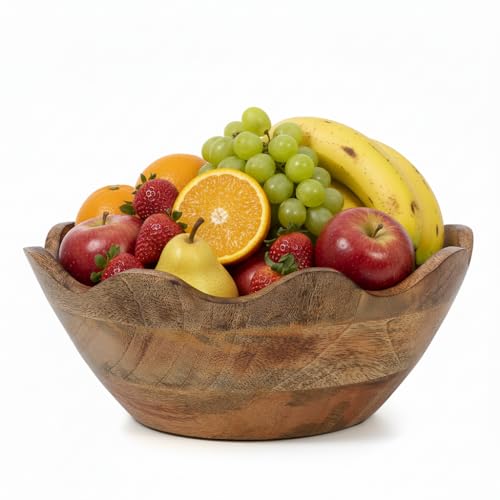 Mela Artisans Medium Scalloped Decorative Wooden Bowl | 10 Inch Mango Wood Fruit & Serving Bowl | Natural Grain Texture | Ideal for Kitchen Counter | Snacks | Desserts | Bread | Handcrafted Decor