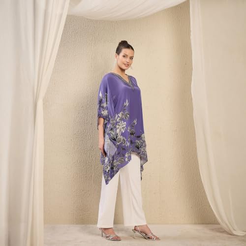 Image of First Resort Light Purple Embellished Floral Kaftan Top