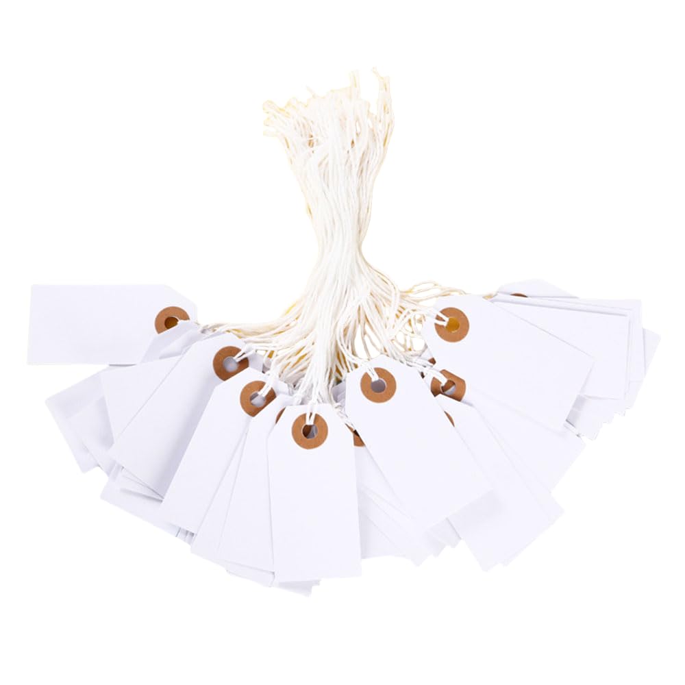150 Pack White Blank Tags with String Marking Hang Tag Attached Reinforced Hole Writable as Price Tags Inventory Tag Gift Tags 2.75'' x1.37'' for All