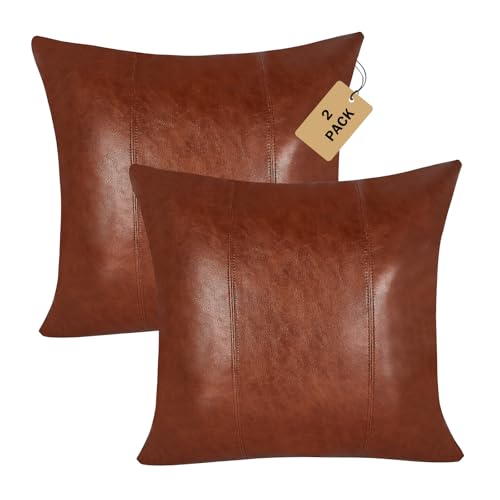 Pessbulmm Faux Leather Decorative Throw Pillow Covers 18x18 Inch Set of 2 Modern Solid Design Luxury Cushion Cases for Couch Sofa Bed Durable Soft Easy to Clean, Dark Brown