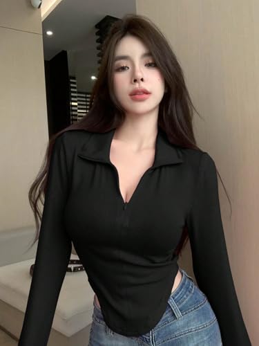 Image of Istyle Can Women's Top Solid Long Sleeve Ribbed Asymmetric Hem Casual T-Shirt with Zipper Collar. Full Sleeve, Rib Knit, Plain, Slim Fit