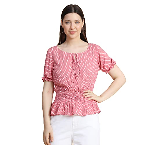 Image of KERI PERRY Women's Baby Pink Crepe Polka Dot Crop Top