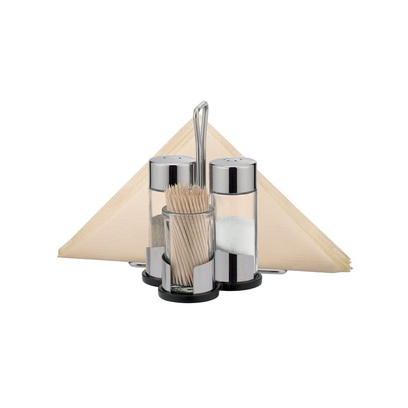 Avilia Set 4 en 1 avec support en verre et acier – composé de sel, de poivre porte-cure-dents et de serviettes idéal pour dîner en famille ou occasions...