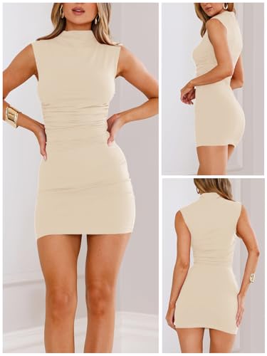 Image of MIYIEONZ Women's Sexy Summer Casual Mock Neck Sleeveless Bodycon Dresses Ruched Turtleneck Cocktail Party Mini Dress