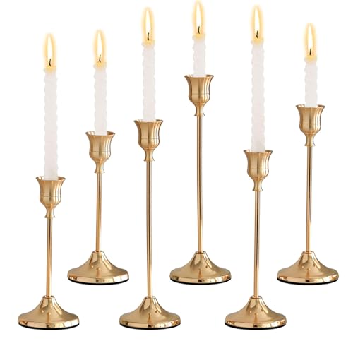 JurciCat Candelabro Oro Decorativo Vintage Candelabros para Velas Portavelas de Varilla 16/19/22 cm para Bodas Decoración de Mesas Ceremonias de Mayoría de Edad Fiestas de Cumpleaños (Oro 6 Piezas)