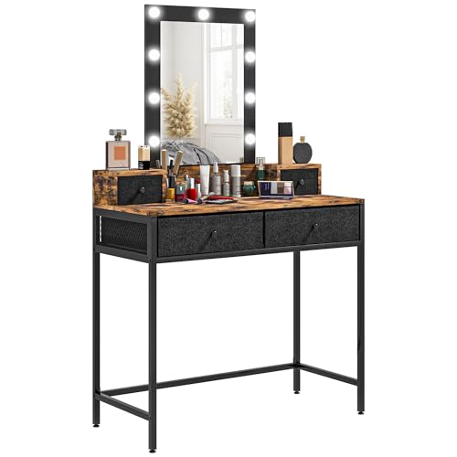 HOMCOM Coiffeuse Table de Maquillage Style Industriel - Miroir LED réglable intégré - Pied en métal Noir - 4 tiroirs en Tissu - dim. 90L x 40l x 148H cm...