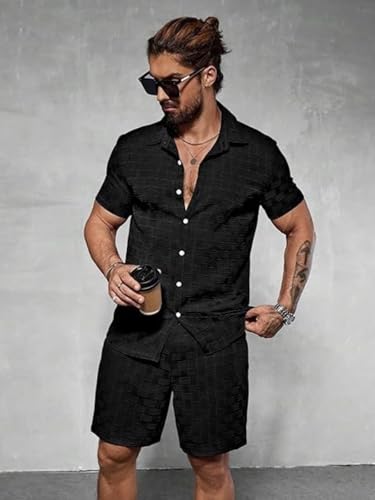 Image of GRECIILOOKS Men'S Summer Casual Two Piece Outfit, Textured Button Down Shirt and Shorts Set, Lightweight Poly Blend Co-Ord for Beach, Travel & Lounge Wear