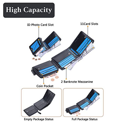 PORRASSO Men Wallet Tri-fold Wallet Genuine Leather Card Holder with 11 Card Slots Coin Bag Coffee2