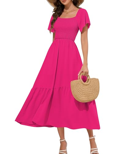 Image of Women's Summer Causal Dress Flowy Maxi Dress Square Neck Sleeve Tiered Smocked with Pockets(Hot Pink,Medium)