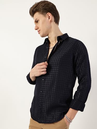 Image of Thomas Scott Men's | Solid | Textured Fabric | Full Sleeve | Slim Fit | Polyester-Blend | Spread Collar | Casual Shirt
