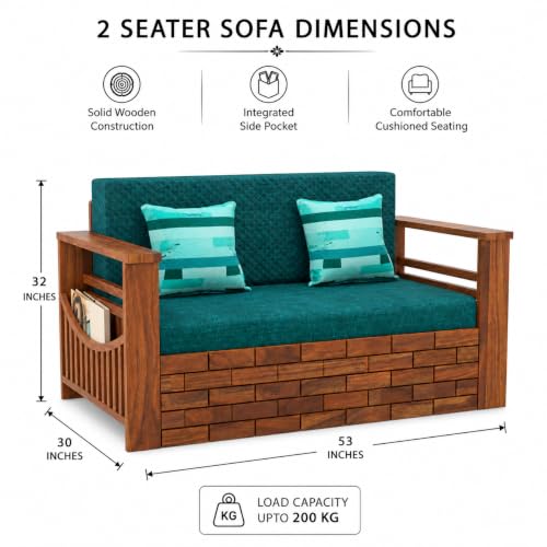 Image of Douceur Furnitures Solid Sheesham Wooden 2 Seater Sofa Cum Bed with Mattress & 2 Cushion and Side Pockets,Wood Foldable Convertible Sofa Diwan Cum Bed for Living Room and Bedroom,Natural Teak Finish