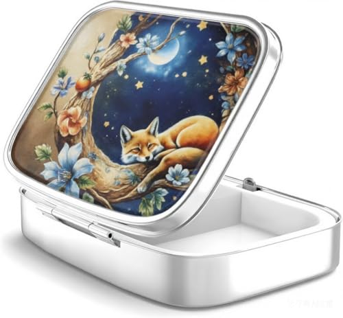 WATASSA Pill Box with Animal Style Mirror All-in-One 2-Compartment Portable Medicine Organizer, Marble Pattern Travel Pill Case for Vitamins&Daily Medication (Yellow Fox)