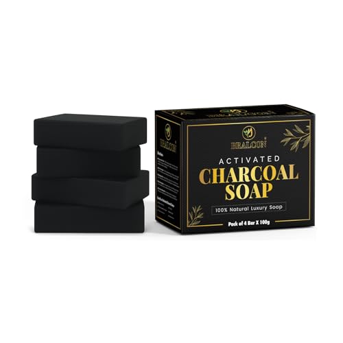 Image of BRALCON Activated Charcoal Soap for Deep Cleansing, 100% Natural Luxury Bar, Black, Pack of 4, 100g Each