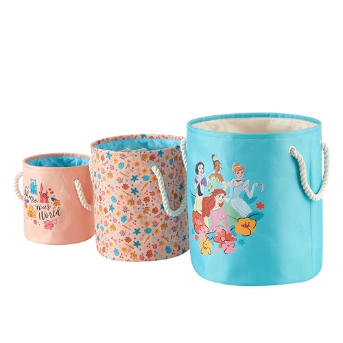 Image of Disney Princess 3 Piece Fabric Storage Basket Set, Nestable Toy Storage Bins with Rope Handles, Kids Bedroom & Nursery Organizer