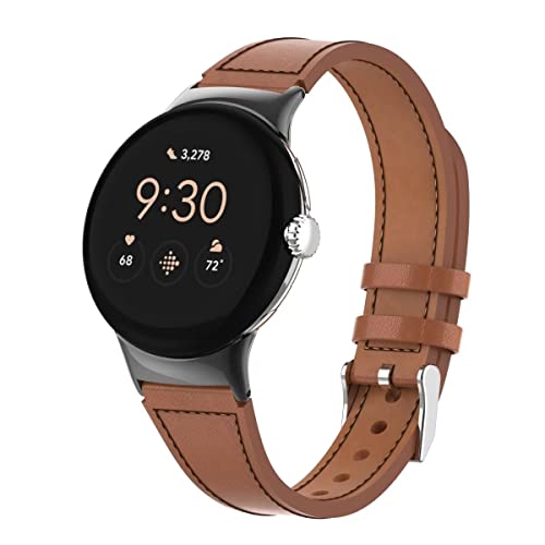 T-BLUER Compatible with Google Pixel Watch Band Leather Replacement Strap Wristband Accessories for Women Men Bracelet,Brown