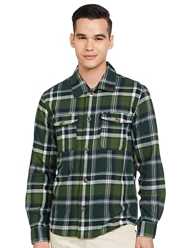 Image of The Indian Garage Co Men Regular Fit Checkered Full Sleeves Spread Collar Double Flap Pocket Casual Over Shirt
