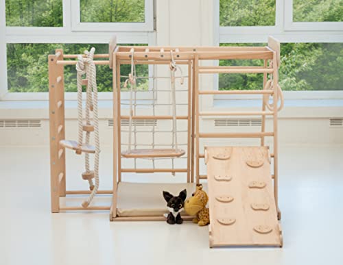 WoodandHearts Climbing Gym for Toddlers Scandinavian Play Complex: Swedish Ladder, Baby Swing, Wooden Slide, Play mat in Beige Color, Indoor Play Area (Natural Wood Color)